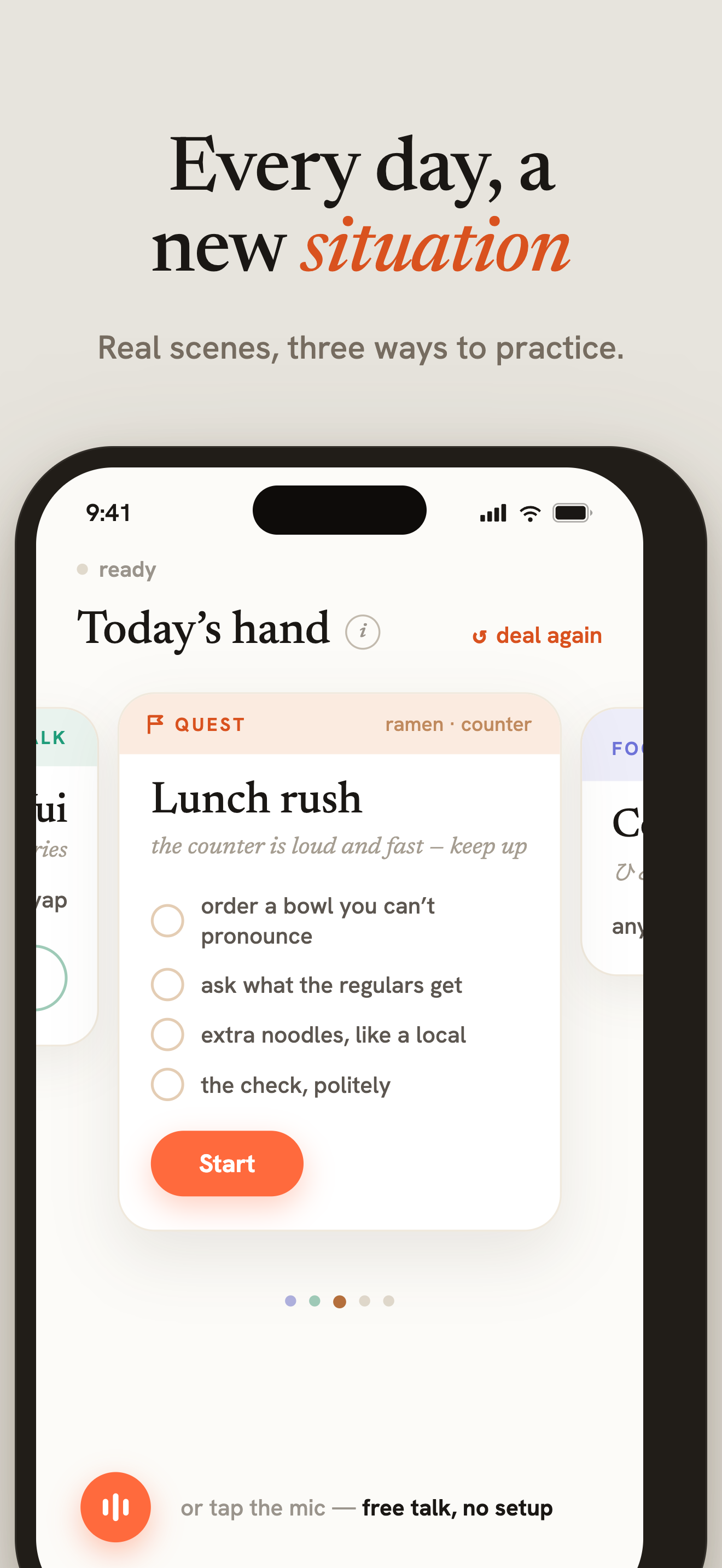 Today's hand: a quest card, a focus card, and free talk.
