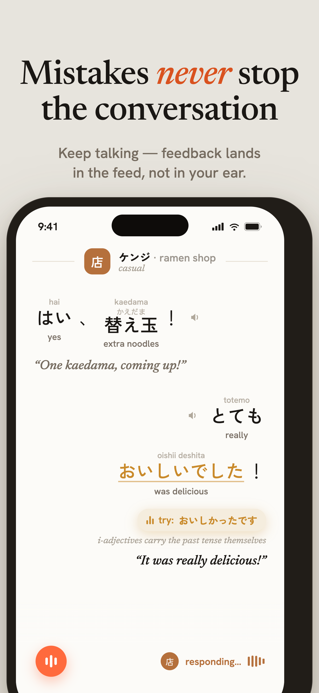 PatYap conversation feed: a spoken line graded, with a gentle correction arriving a beat later.
