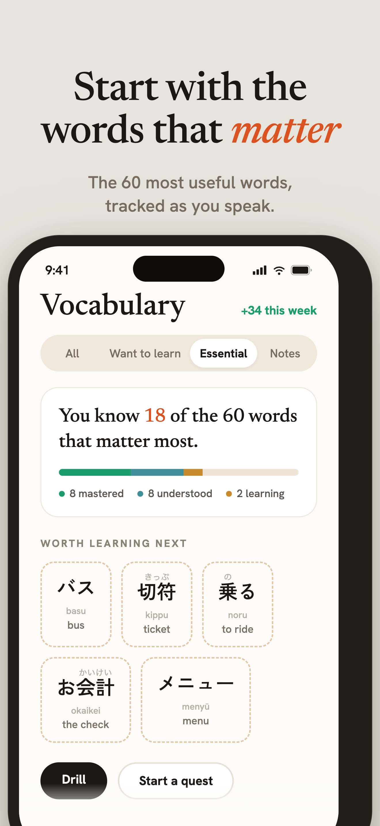 The 60 most useful words, tracked as you speak.